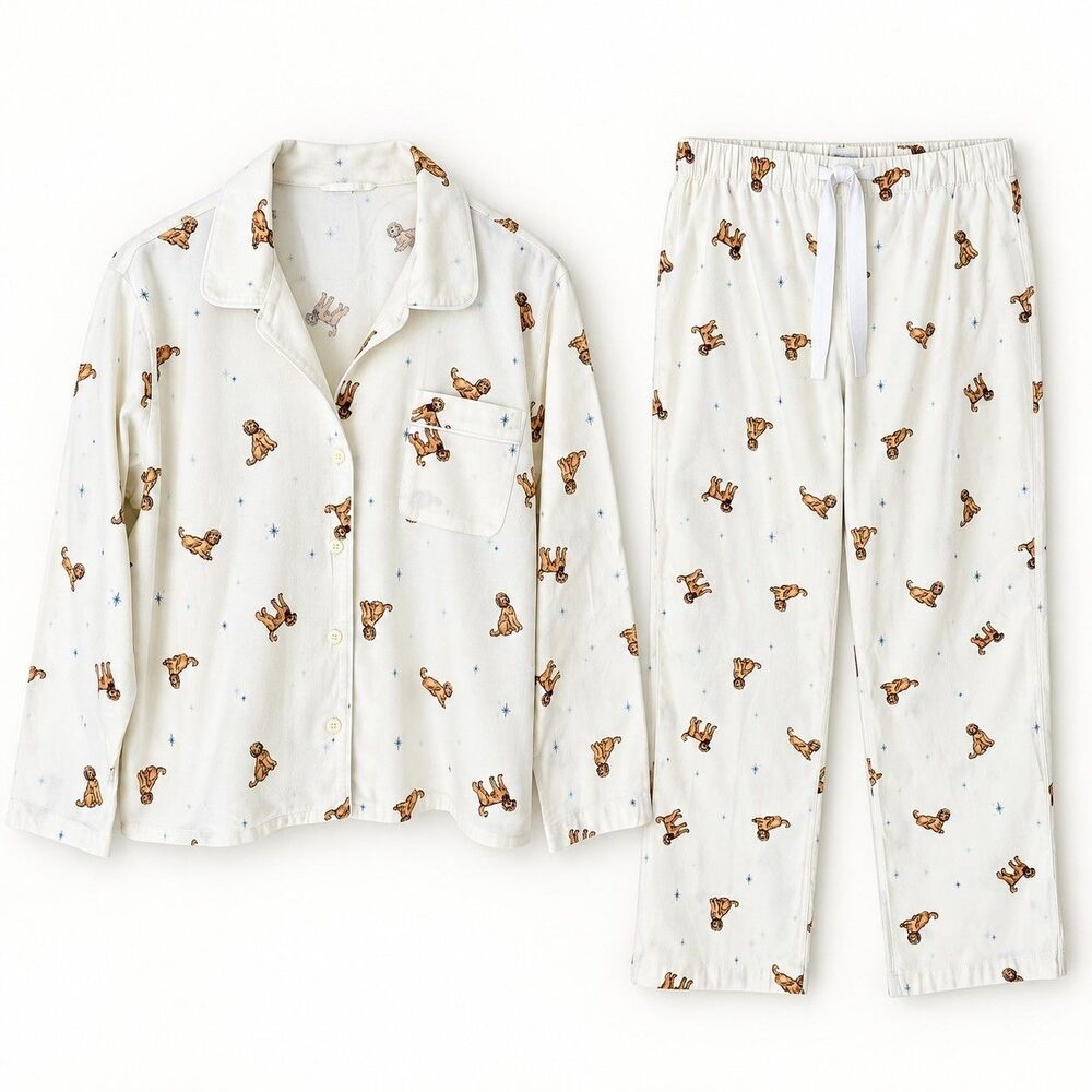 J Crew Factory Dog Print Goldendoodle Cotton Flannel Pajama Set Sz L NWOT